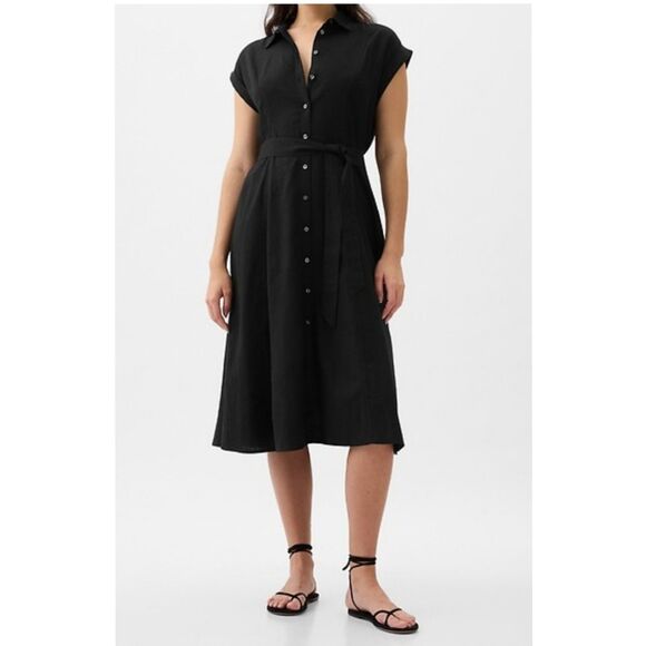 Gap Black Linen Belted Midi Shirt Dress Womens Size Medium Button Down - Picture 12 of 12